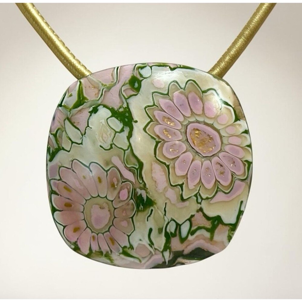 Handmade Vintage Look Floral Pink & Green Polymer Clay Large Pendant Necklace